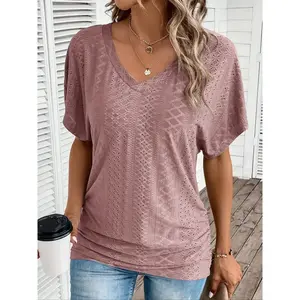 Women’s Plain V-Neck T-Shirt, Casual Short-Sleeve Tee for Everyday Wear, Ladies’ Clothing for Summer GARMENTARY