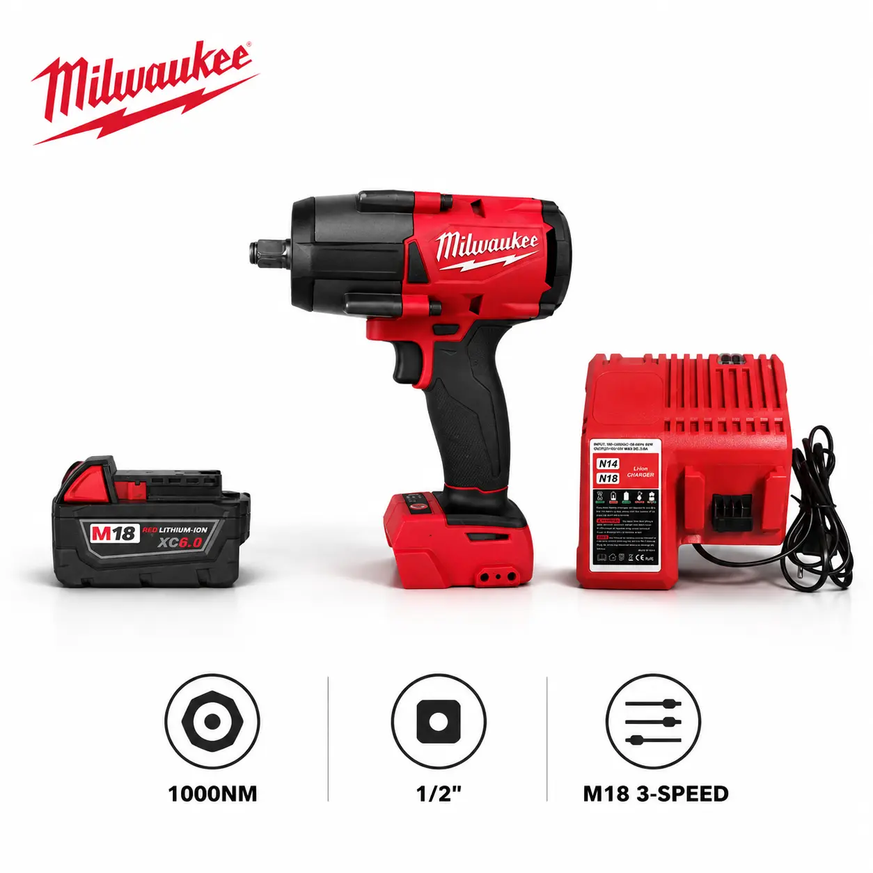 Milwaukee M18 18V Cordless 1/2-Inch Drive Impact Wrench Tool, 1000Nm Nut Busting Torque, 3-Speed Control, Friction Ring, for Auto Shop Mechanics, Rapid Removal, M22 Lug Nuts, Teardown Work (Batteries Sold Separately)