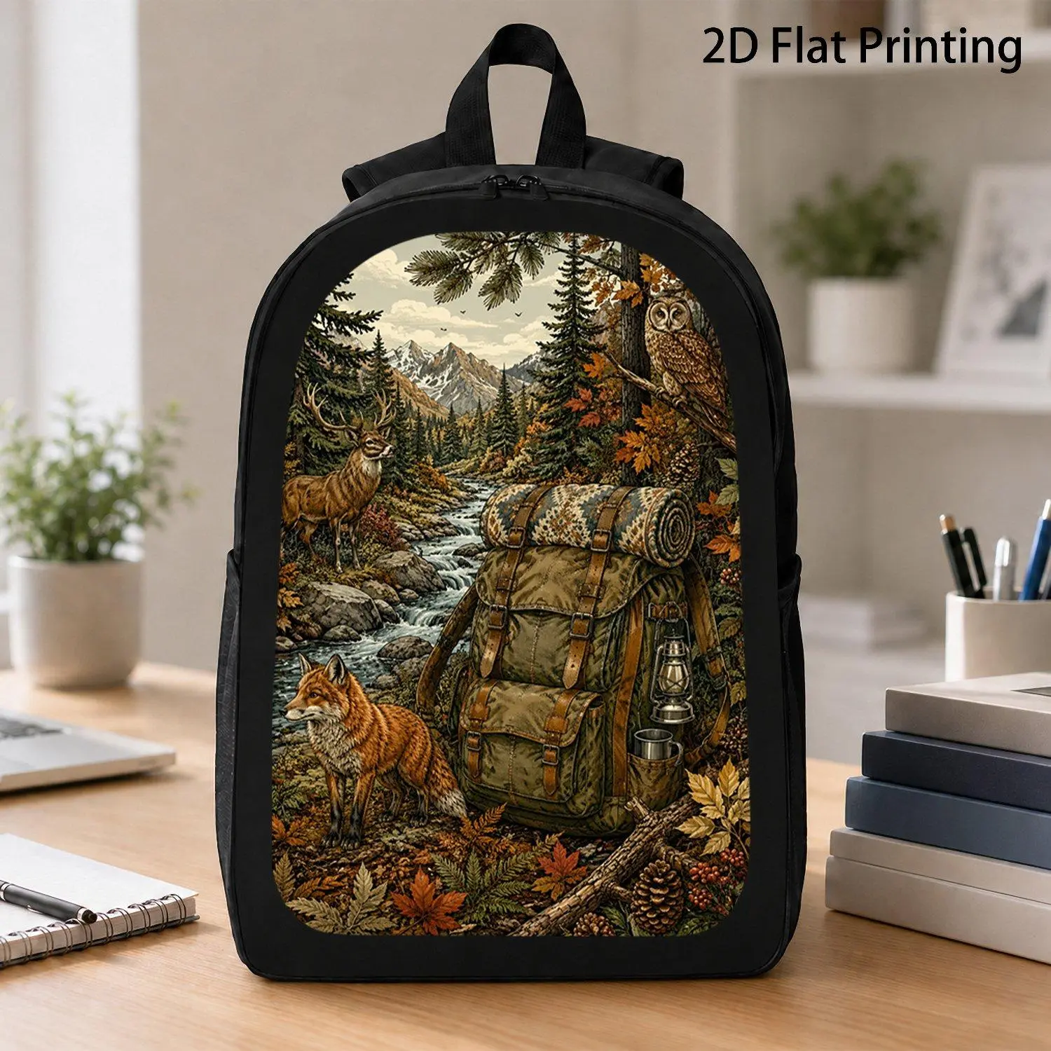 [17 Inch Backpack] 1pc Autumn Forest Wildlife Camping Backpack Vintage Mountain Wilderness Art Backpack Outdoor Adventure Backpack For Hiking And Weekend Camping