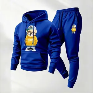 Men's Cute Sports Hip-Hop Bear Sweatpants Set, Menswear, Casual Athletic Long Sleeve Hooded Jacket & Trousers for Fall & Winter, Men's Clothing for Daily Wear, Sportswear Indoor Outdoor, Tracksuit, Athleisure