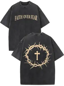 Faith over fear vintage washed high quality cotton printed T-shirt men's T-shirt old summer clothing dropped shoulder sleeves round neck short sleeve top