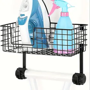 Wall Mounted Ironing Board Hanger Holder with Storage Baskets Laundry Room Rack Wall Mount Metal Ironing Board Rack with Shelf and Basket for Laundry Room Organization and Storage Black
