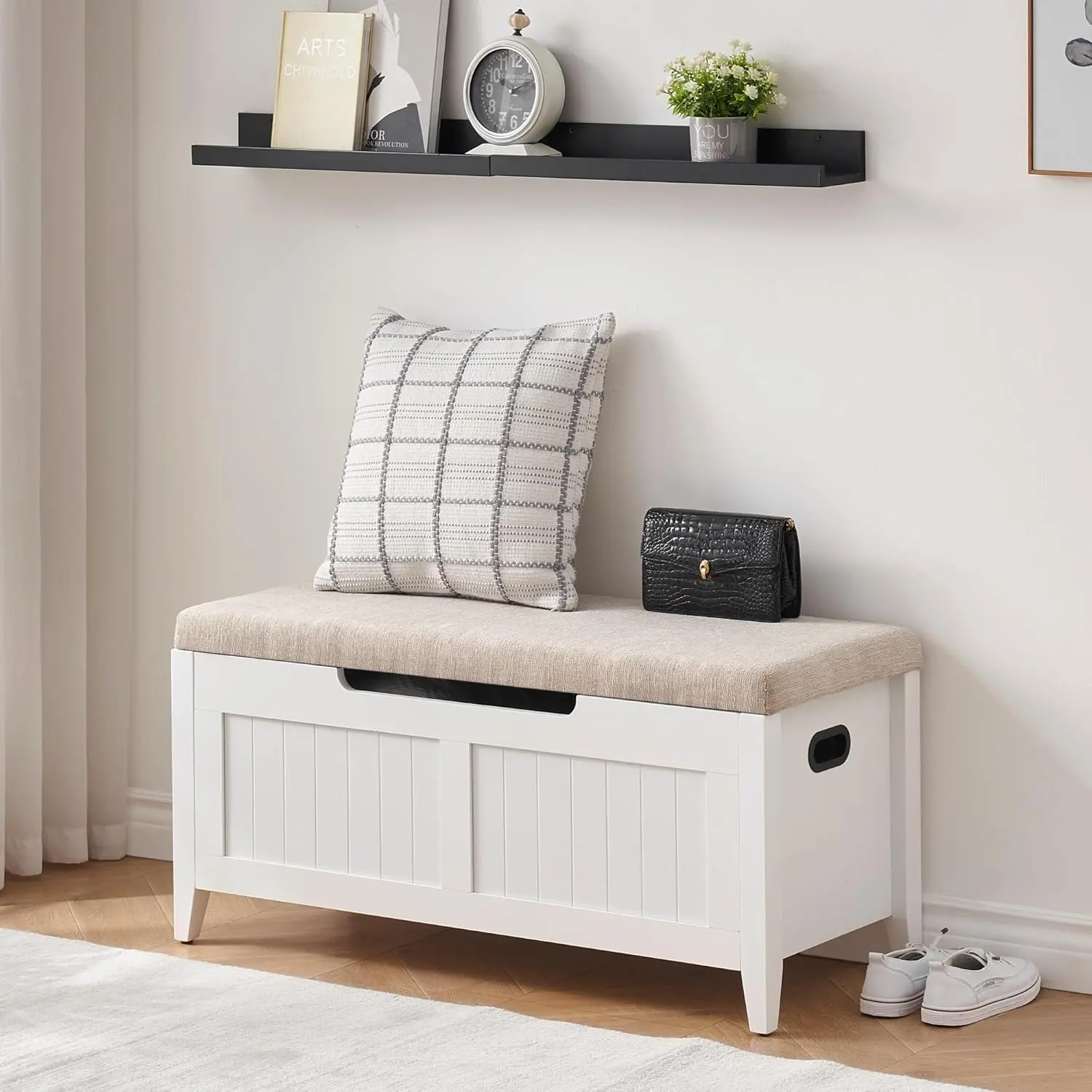 Backless Oak Wood Padded Single-Seat Foot Rest Stool with Storage Bin - 2 Safety Hinges, U-Shaped Opening, Multifunctional Box, Easy Assembly, Traditional Home Decor Organizer for Entryway, Playroom
