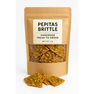 Pepitas Brittle – 1 lb Freshly Made to Order – No Butter Recipe – Handmade Pumpkin Seed Brittle in Resealable Stand-Up Pouch – Crunchy, Sweet, Vegan-Friendly Gourmet Candy Snack