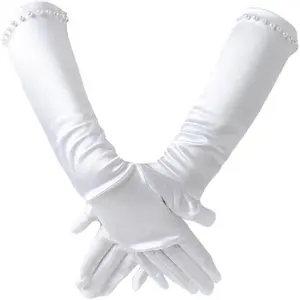 SQ-HBL011 Kids Girl Pincess Pearl Long Satin Gloves First Holy Communion Halloween Costume Birthday Party Gloves for 6-10yrs