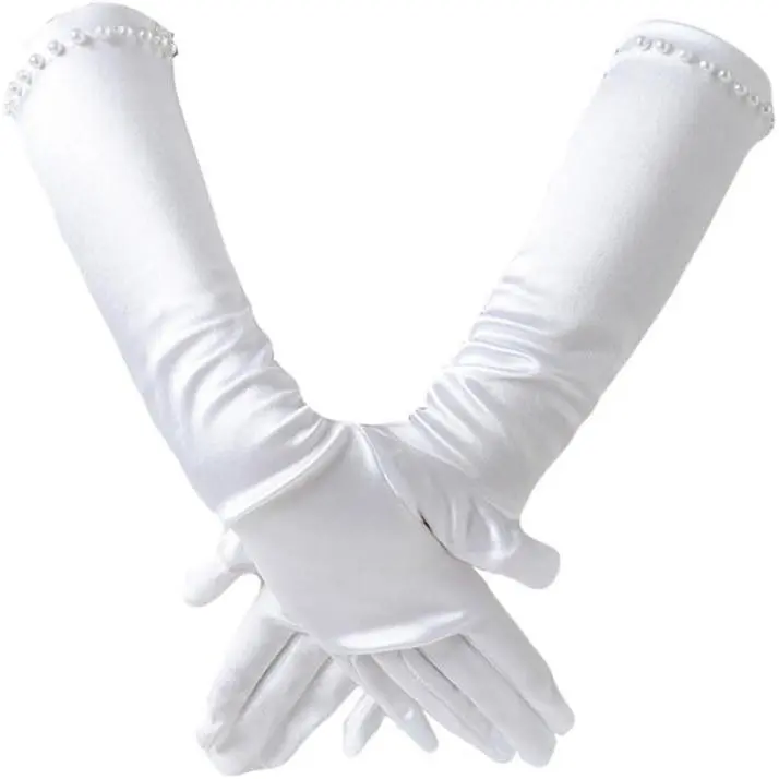 SQ-HBL011 Girls' Princess Pearl Long Satin Gloves, Kids' Fashion Accessories for 6-10yrs First Holy Communion, Halloween, Christmas, Birthday, Wedding, Graduation Events, Dinner, Prom, Photography, Daughter, One Size