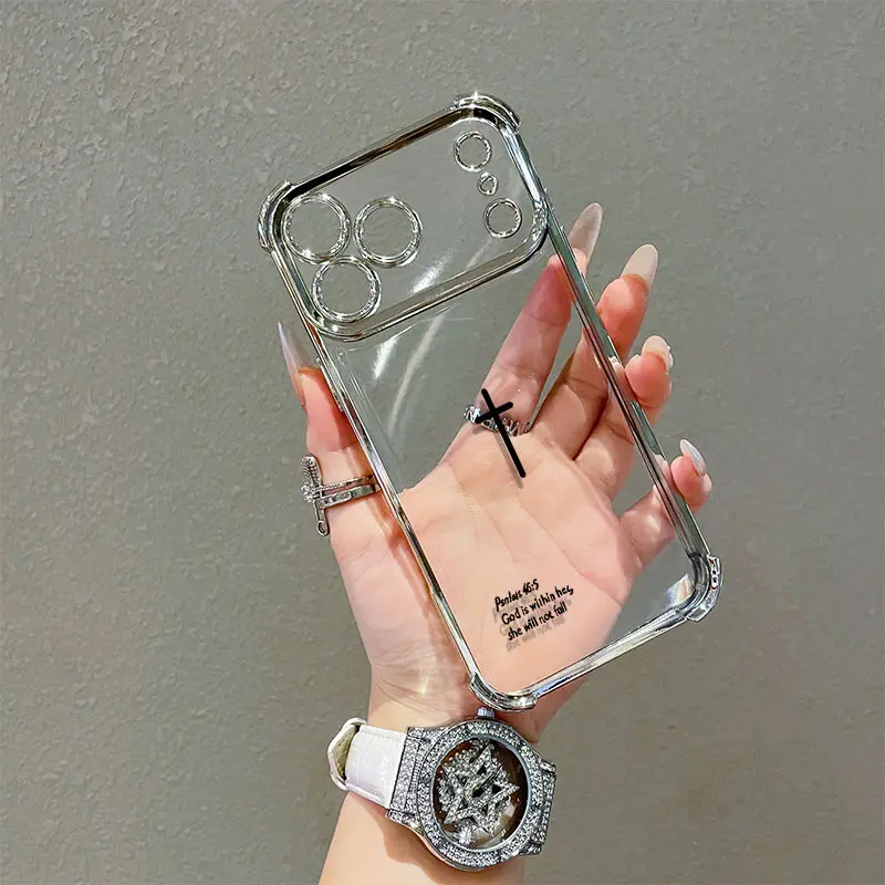 Transparent TPU Protective Smartphone Case - Electroplated Cross-Design, 4-Corner Airbag Shockproof Cover for iPhone 17/16/15/14/13/12/11 Pro Max, Mobile Phone Accessory