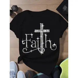 Plus Size T-Shirt Women's Fun Printed Faith Cross Design Casual Short Sleeve Round Neck Loose Fit Top Machine Washable All-Season Comfortable