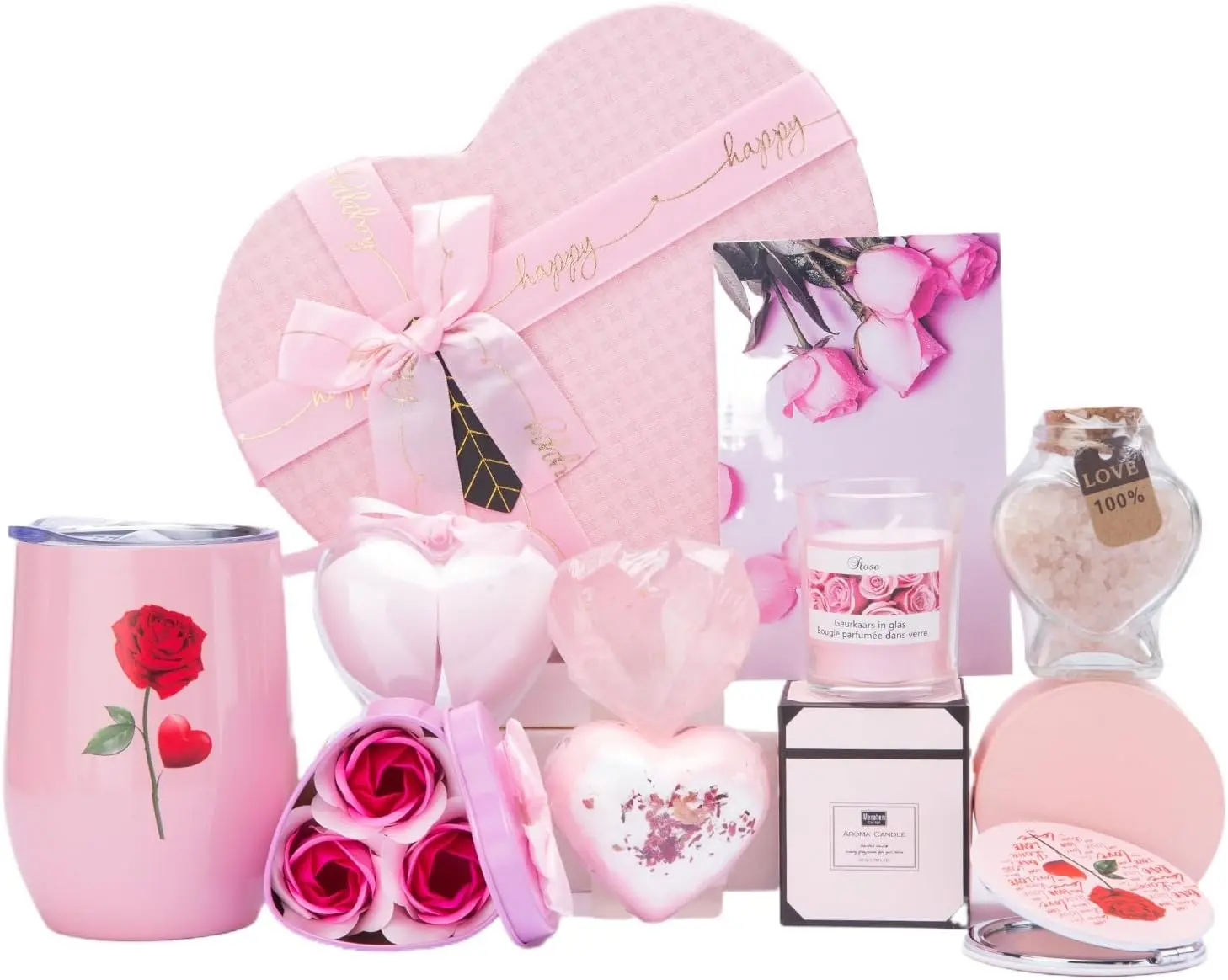 Summer Spring Gift for Women Birthday Gifts for Wife Girlfriend Lover,Unique Ideas Rose Love Gift Basket Box Thinking of You I Love You Romantic Gifts Set Wedding & Engagement Gift (Pink)