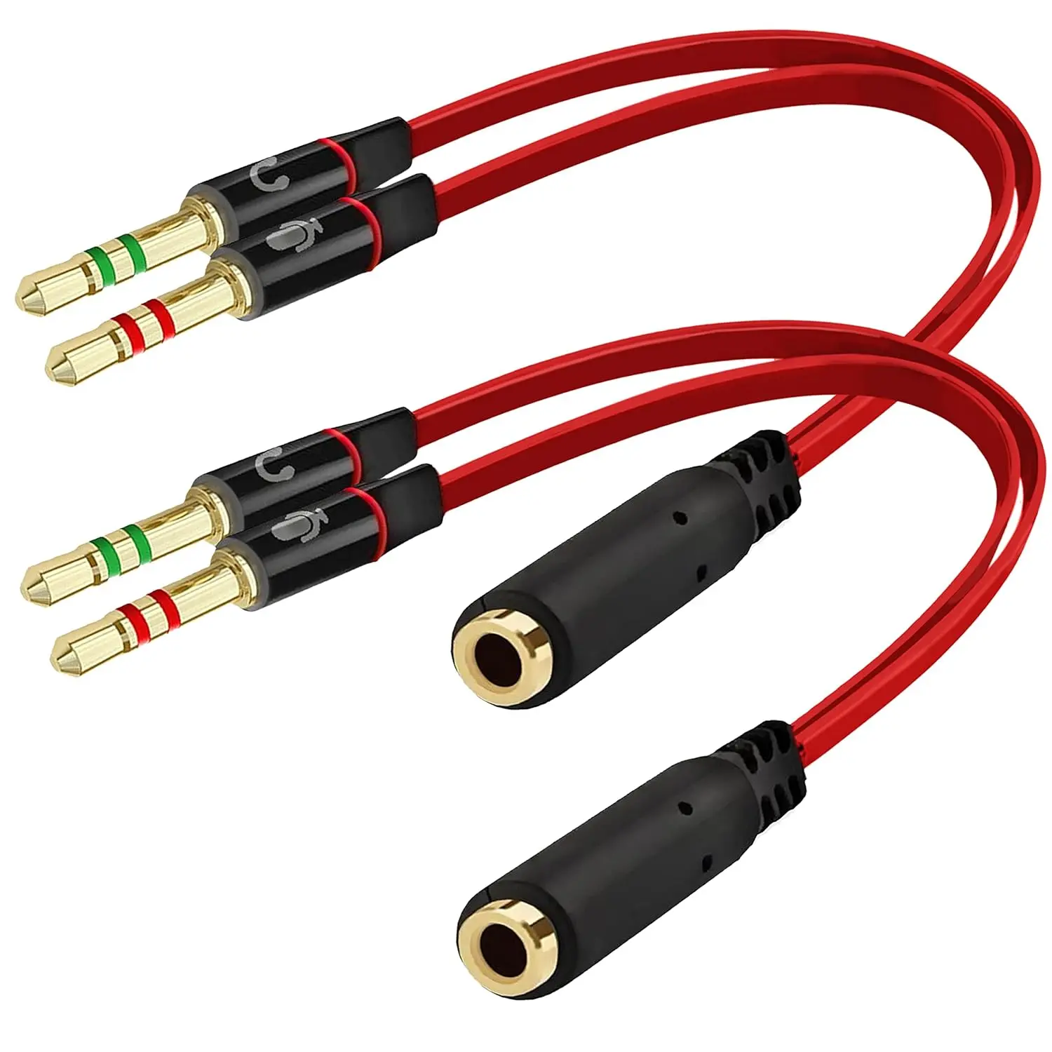 3.5mm Female to 2 Dual Male Headphone Microphone Y Splitter Cable - 20cm Audio Connector Plug with Dual Ports for Computer, PC, Laptop Gaming Headsets, Earphones - Red Audio & Video Accessories
