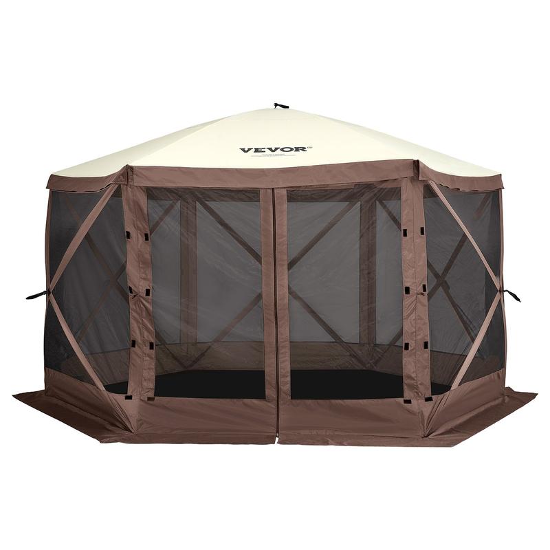 VEVOR Camping Gazebo Screen Tent, TikTokShopBlackFriday, 12*12ft, 6 Sided Pop-up Canopy Shelter Tent with Mesh Windows, Portable Carry Bag, Stakes, Large Shade Tents for Outdoor Camping, Lawn and Backyard, Brown/Beige