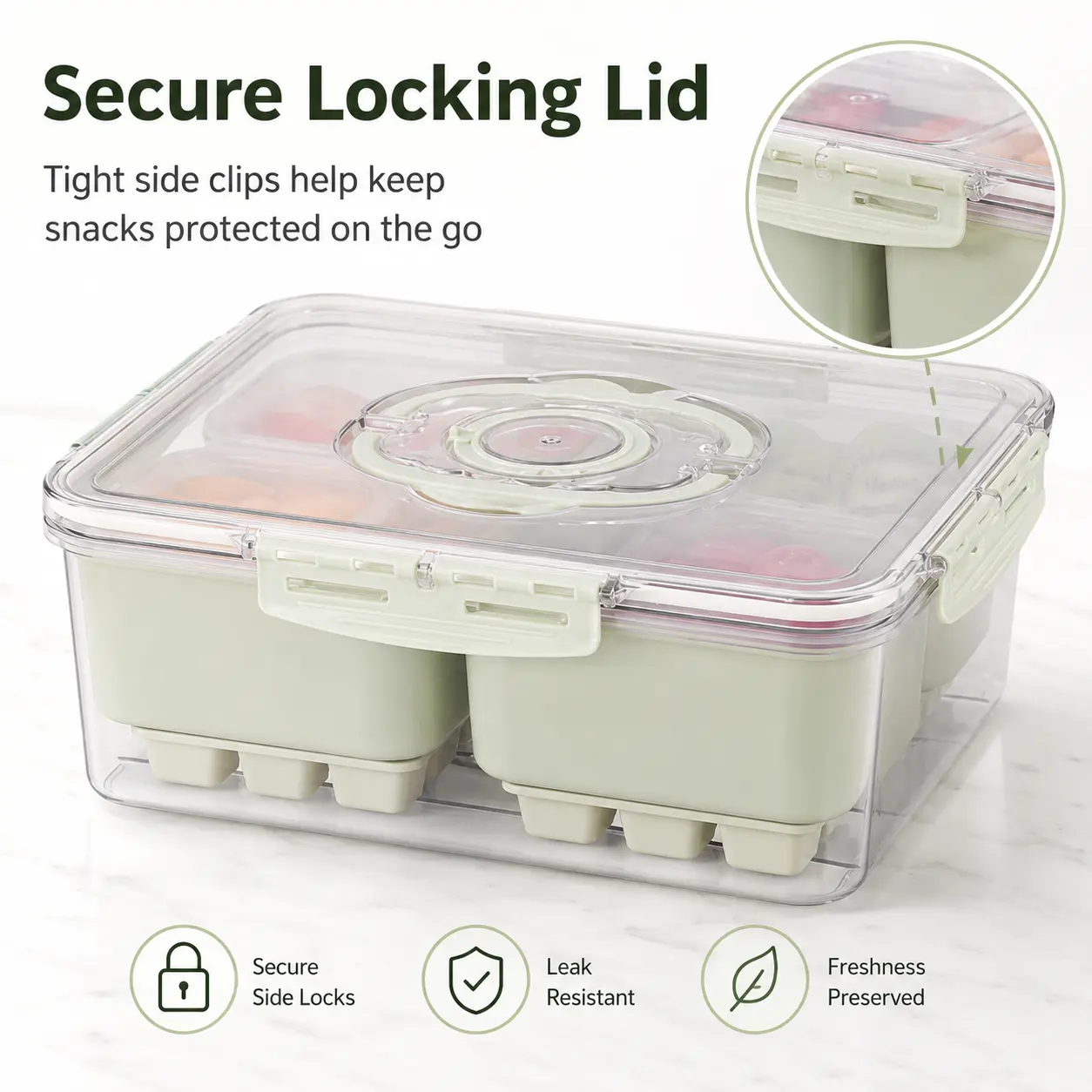 Portable Divided Food Storage Container with 8 Individual Compartments, Leakproof Airtight Snack Fruit Organizer Box with Handle for Picnic Camping Travel