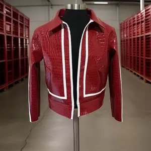 Red & White Cropped Crocodile Trucker Jacket