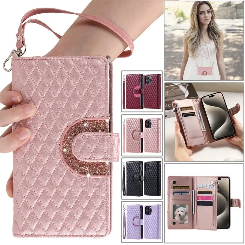 Flip Leather Phone Case for iPhone 11 12 13 14 Plus 15 16 17 Pro Max 16E 17 Air X XS XR Long Lanyard Zipper Wallet Cards Cover