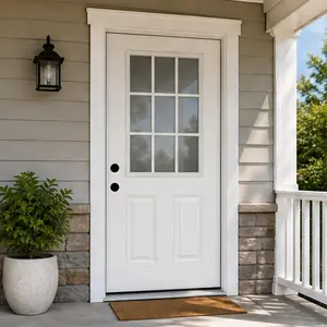 ARCH 36x80 Fiberglass Entry Door with Frame, 4-9/16 in.Jamb, 9 Lite Low-E Glass, Primed White Oak Wood Grain, Right Hand Inswing, Includes Hinges, Threshold, Brickmould, for Home Front Entrance, Multiple Color Options, Black/White Color Options