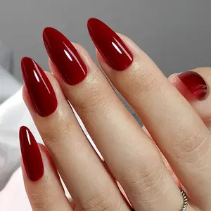 CurvLife Nailora long almond False Nails solid red glossy shiny for winter Easy Apply Nail Art