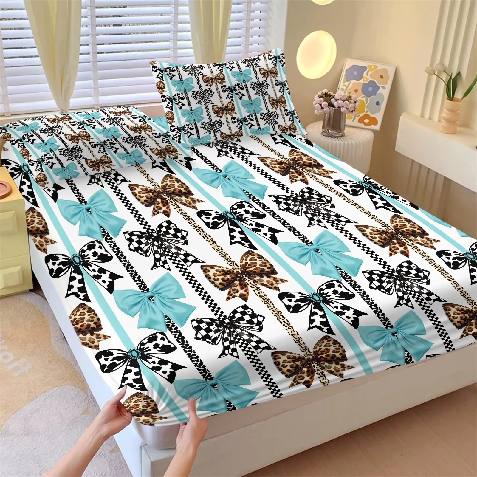 3-Piece Bow & Leopard Print Fitted Sheet Set, 1 Fitted Sheet + 2 Pillowcases, Soft Breathable Fabric, Non-Slip Mattress Cover, Cute Bedding, Bed Sheets, Ideal for Girls Bedroom Decor or Gift