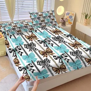 3-Piece Bow & Leopard Print Fitted Sheet Set, 1 Fitted Sheet + 2 Pillowcases, Soft Breathable Fabric, Non-Slip Mattress Cover, Cute Bedding, Ideal for Girls Bedroom Decor or Gift