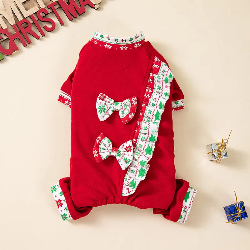 Christmas Dog Onesie for Small Dogs, 4-Legged Pet Jumpsuit with Lace & Bow, Warm Cute Winter Cat Outfit for Teddy Chihuahua