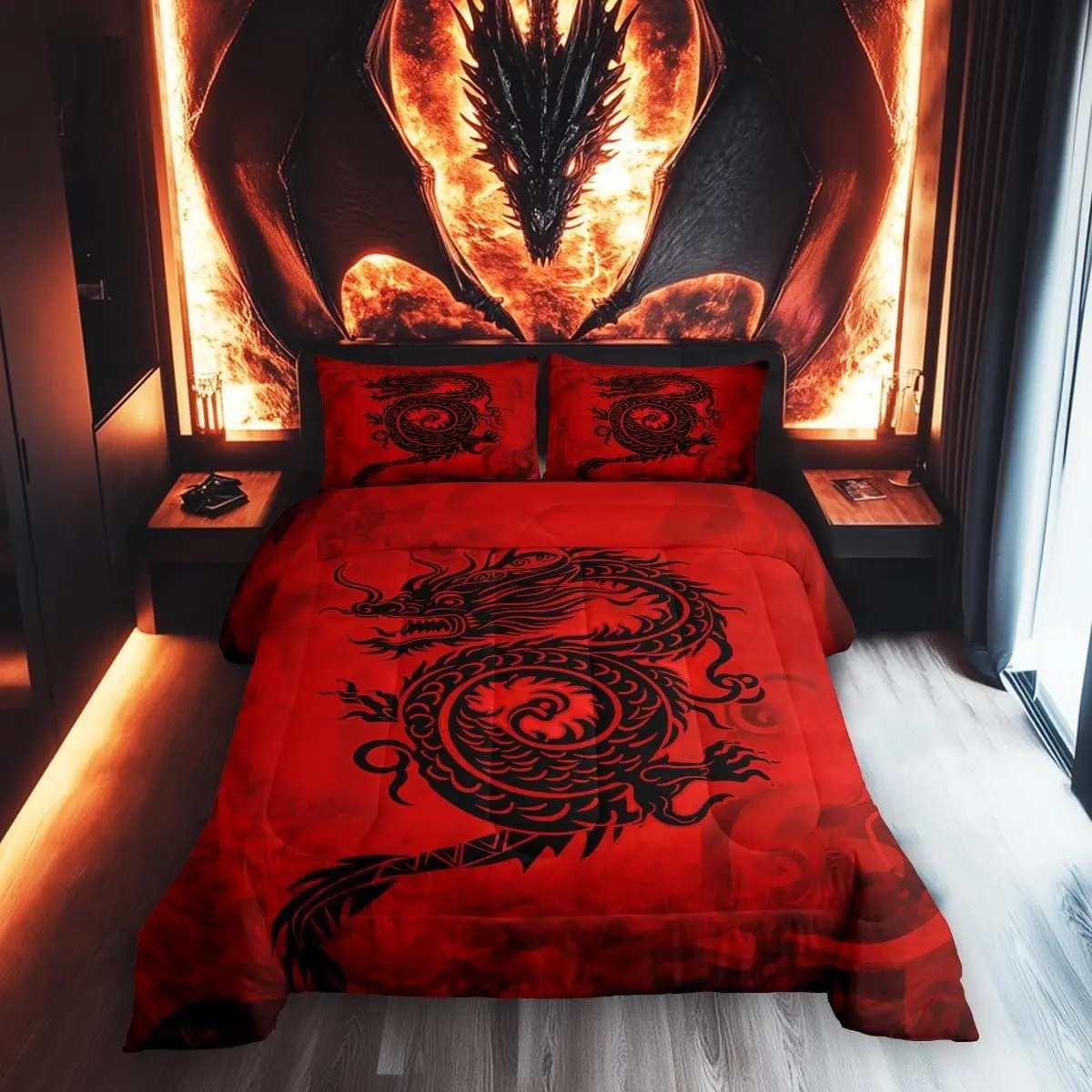 Feelyou Dragon Motif Duvet Set - Breathable Polyester Fibers Bedspread Set, Decorative Black Graffiti & Red Accent Bedding, Queen Size Option, Travel Friendly for Kids’ Rooms, All Seasons Use