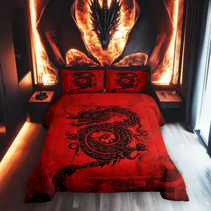 Feelyou Dragon Motif Duvet Set - Breathable Polyester Fiber Chinese Exotic Bedding, Black Graffiti & Red Decor Multi-Size Comforter Set, Travel Ready for Kids’ Room Decor