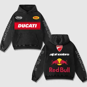 Retro Redbull x Ducati Racing Washed Hoodie Motor World Champion Enthusiast Apparel Streetwear Racing Team Motorcycle Clothing Motorbike Riders Supermotor Off-Road Dirt Bike Fan Gear Cotton For Motor Fan