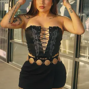 Black Corset with Lace-Up Front and Embroidered Design for Women