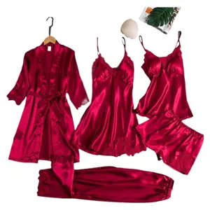 Women's SummerIce Silk Sexy Spring and Autumn Long Sleeve Thin Plus Size Five Piece Set Bathrobe SeductiveIce Silk Suit Loungewear Nightwear Womenswear Pjs Nine-quarter Sleeve Basic Casual Champagne Minimalist