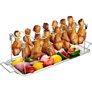 14-Slot Chicken  Rack for Grill & Wings -  Stainless Steel Foldable Roasting Rack with Detachable Drip Pan, Dishwasher-Safe BBQ Accessories for Oven, Grill, Camping, Parties