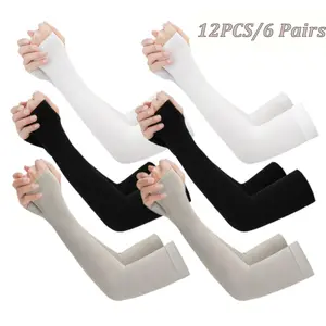 Unisex 12 PCS Arm Sleeves (6 Pairs) 3-Color Pack, UV Protection Cooling Breathable Ice-Silk Compression Covers with Stretchy Top Band, No-Slip Stretchy Sun Guards for Cycling, Working Out