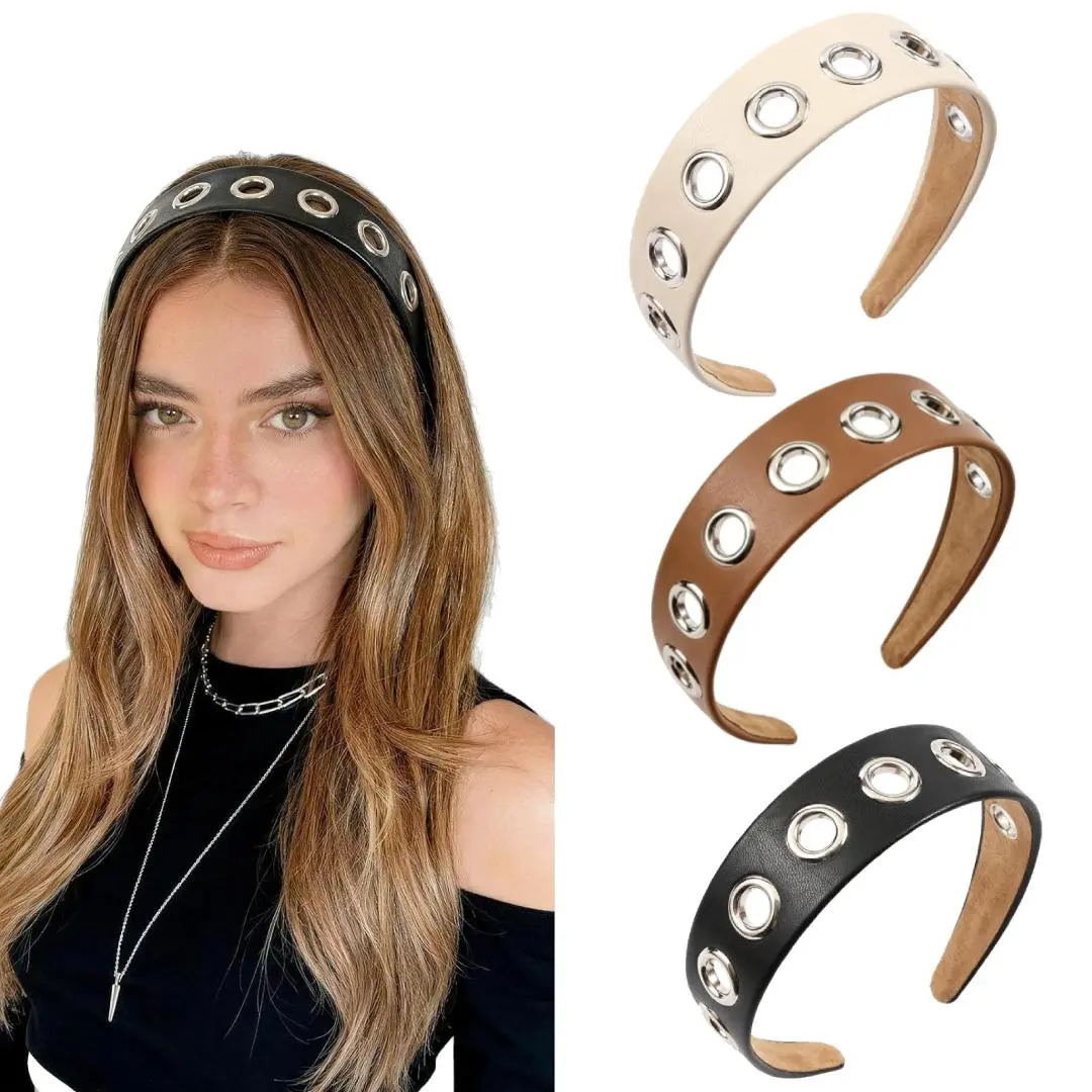 3PCS Grommet Headbands for Women, Wide Eyelet Headband with Holes | Gothic Non Slip Stretchy Hair Bands for Daily Casual & Party Wear, Suitable for Thin & Thick Hair, Punk Hair Accessories