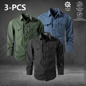 Pack of 3. Men’s long-sleeve work shirt — vintage button collar, chest pocket; loose fit, stretchy casual shirt suitable for all seasons—camping, hiking, beach, and everyday wear; active lifestyle, retro style, easy care, energetic men.Summervibes