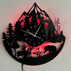 Mountain and Wildlife Vinyl Wall Clock, Creative Decorative Clock, Bear and Deer Decoration, Nature Decor, Forest Scene Clock, Gift for Outdoor and Nature Lovers