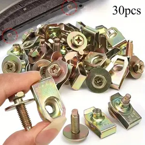 30pcs Car Body Bolt M6-1.0 and Squeeze U-shaped Nut Clip Kit, Automotive Accessories, Car Accessory, Bumper Mudguard Liner Push Fixing Fastener Kit for Engine Undercover Chassis, Universal Splash Shield Bolt Clip Suitable for Most Cars