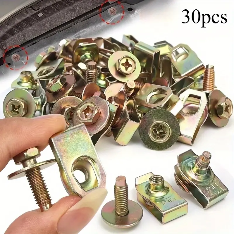 30pcs Car Body Bolt M6-1.0 and Squeeze U-shaped Nut Clip Kit, Automotive Accessories, Car Accessory, Bumper Mudguard Liner Push Fixing Fastener Kit for Engine Undercover Chassis, Universal Splash Shield Bolt Clip Suitable for Most Cars