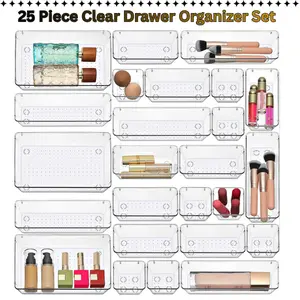 Clear Makeup Organizer Drawer Set – 25PCS Clear Multi-Drawer Makeup Organizer Set, Clear Plastic Multi-Size Organizer Set for Vanity, Bathroom, Desk & Kitchen Organization