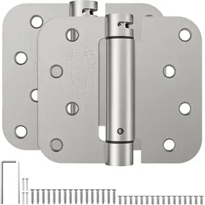 Self Closing Spring Loaded Hinges 4 Inch, Adjustable Tension for Garage Front Back Door, UL Listed, Left and Right Hand, 5/8'' Radius Corners, Brushed Nickel, 2 Pack