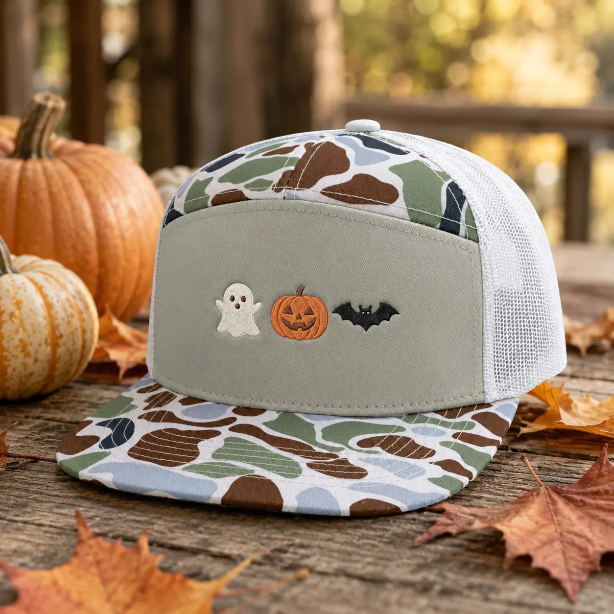 Halloween Trucker Hat, Ghost Pumpkin Bat Embroidered Cap, Cute Spooky Leopard Brim Mesh Hat