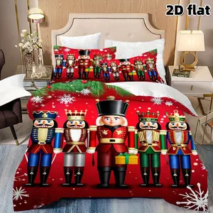 2D Flat 3Pcs Nutcracker Duvet Cover, Christmas Festive Design, Cartoon Soldier Print Soft Microfiber Bedding (1 Cover+2 Pillowcases, Unfilled) - for Xmas Bedroom & Dorm Room Decor, Holiday Gift.