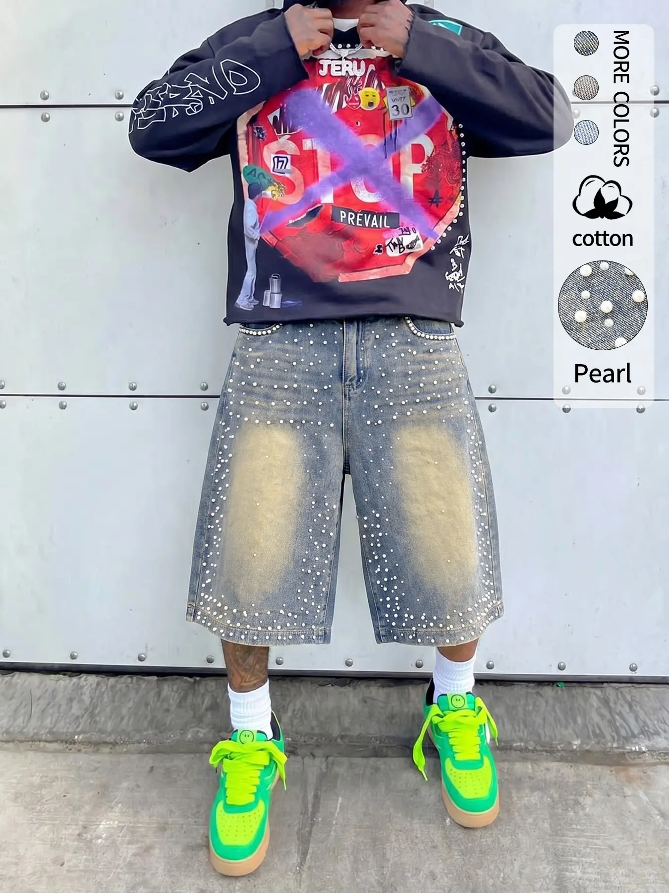 American high street style Streetwear Vintage pearl-trimmed casual jeans, heavy-duty pearl-aged washed casual denim shorts, American street style, unisex fashionable daily wear denim Pants