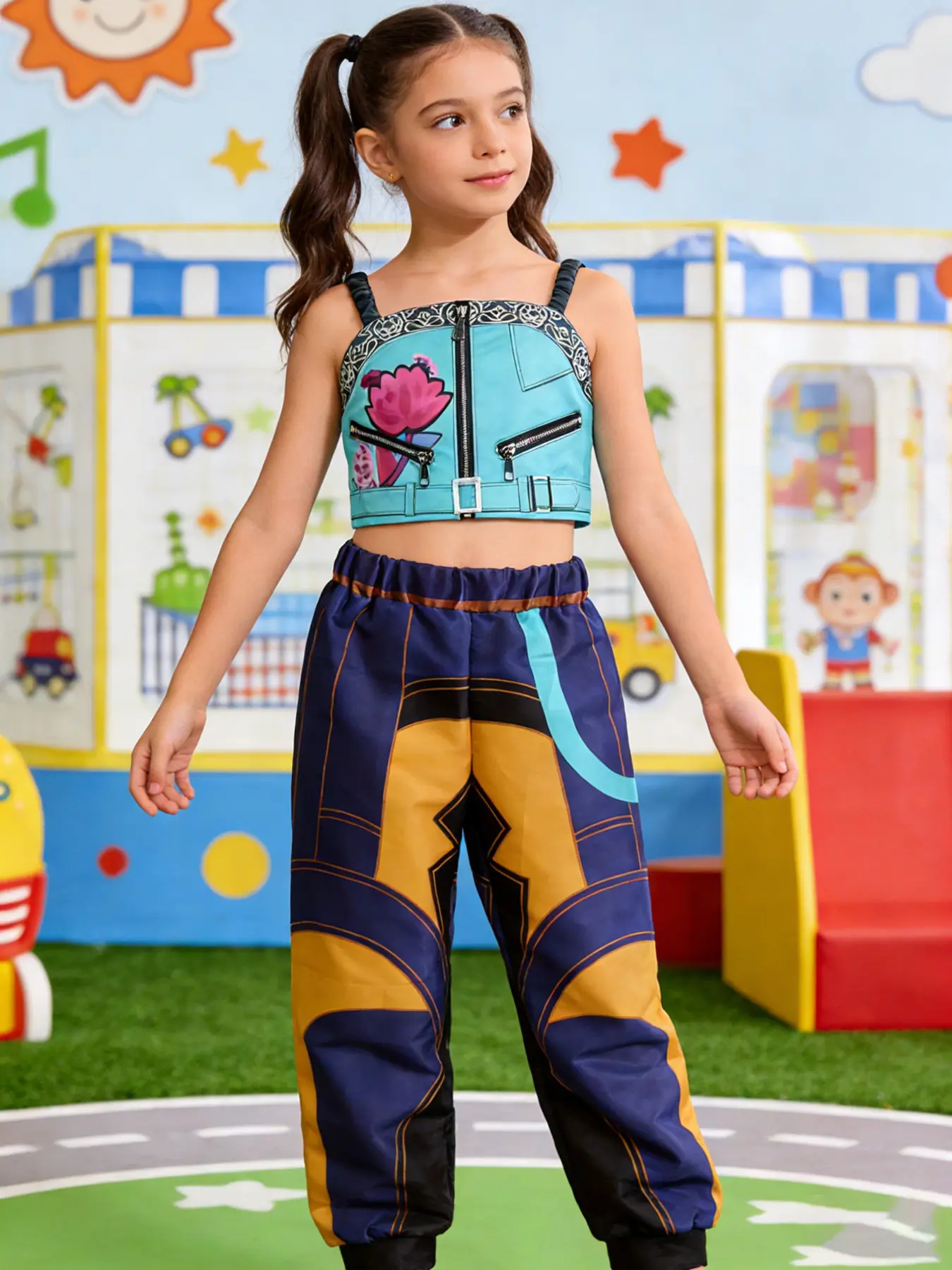 Girls' Halloween Party Costume Set, Zoy Style Vest & Long Pants, Cute Colorblock, Perfect for Festivals & Performances