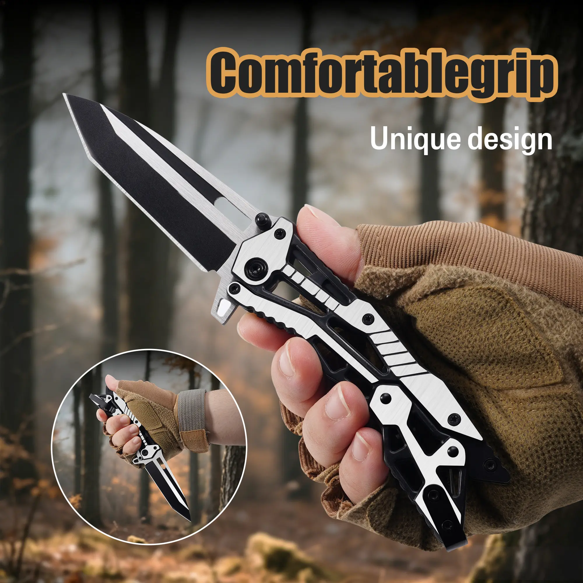 Portable EDC multifunctional tactical outdoor folding knife with a unique mechanical opening mechanism; pocket/belt clip for convenient everyday carry; specialized outdoor cutting tool for climbing and fishing; essential for camping and hiking.