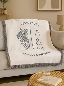 Cotton Anniversary Gift Couple Monogram Woven Blanket Wedding Month Flower Custom Gift Mr & Mrs Engagement Keepsake Cozy Gift