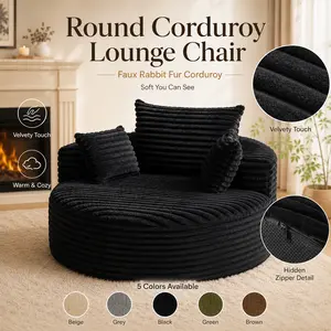 Corduroy Round Sofa, 55'' L Oversized Single Sleeper Chair with Pillows, Modern Wide Arm Lounge Couch for Living Room, Indoor Comfortable Furniture