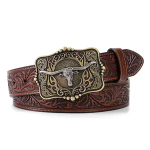 BELTROAD Cowboy Cowgirl Belt Western Belts for Men Women Floral Engraved Longhorn Bull Buckle Belt for Jeans