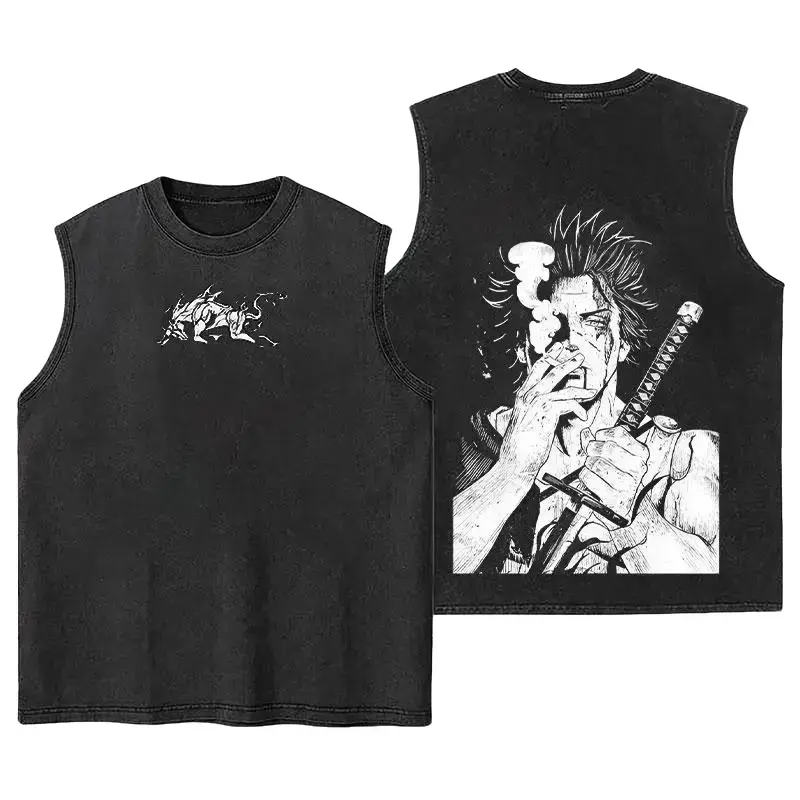Men's Oversized Ribbed Round Neck Seamless Washed Sleeveless Tank Tee - Yami Sukehiro x Black Bull Black Cover Anime-Inspired Menswear, Soft Classic Cotton, Gym Essential, Vintage Casual Streetwear, Sleeveless Graphic Vest, Sleeveless Graphic Vests
