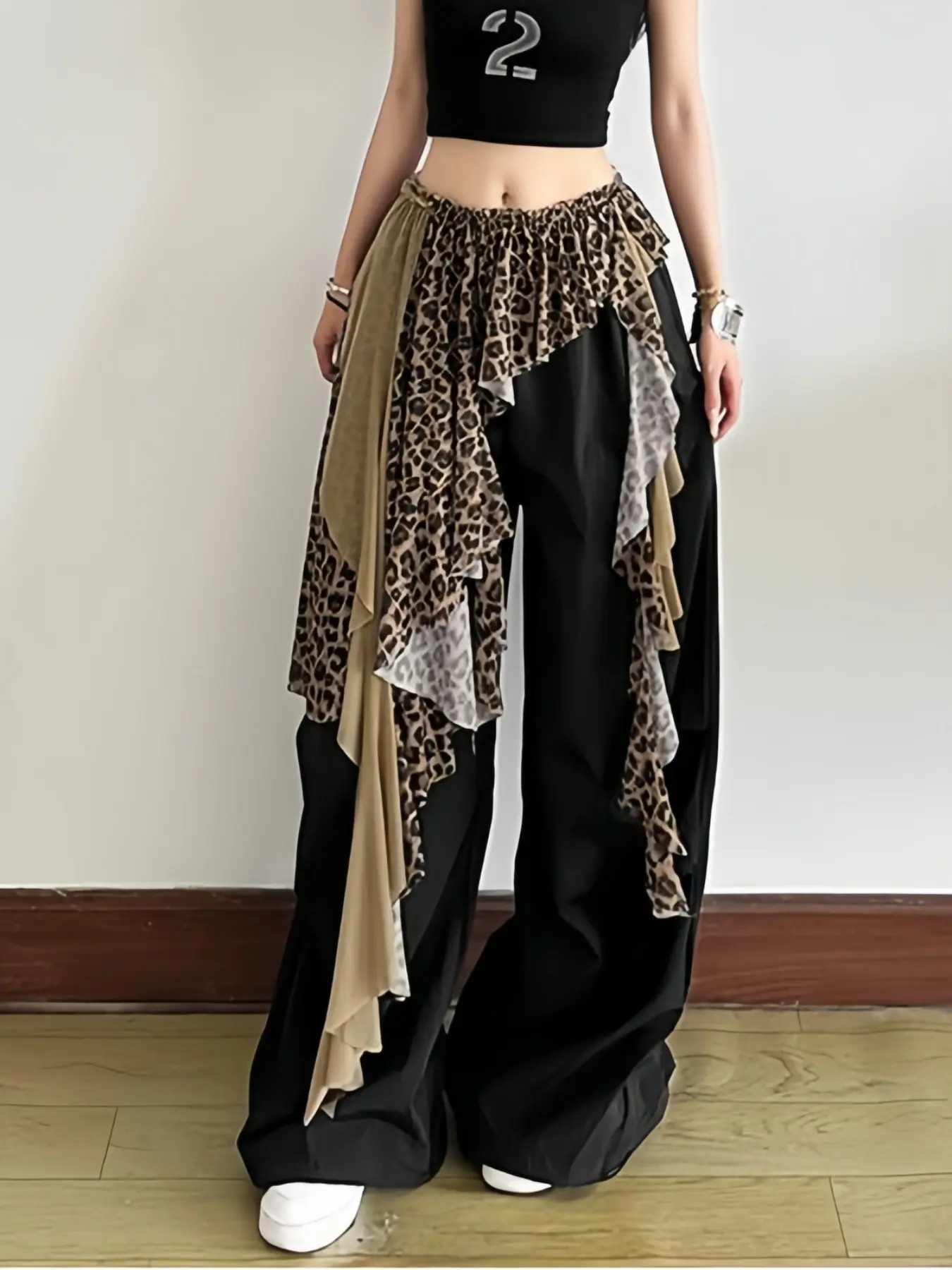 Strange Girl American Street Leopard Lace Patchwork Waist Skirt, Dance Layered Asymmetrical Midi Dress, Women's Fashion Without Pants