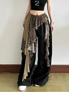 Strange Girl American Street Leopard Lace Patchwork Waist Skirt, Dance Layered Asymmetrical Midi Dress, Women's Fashion Without Pants