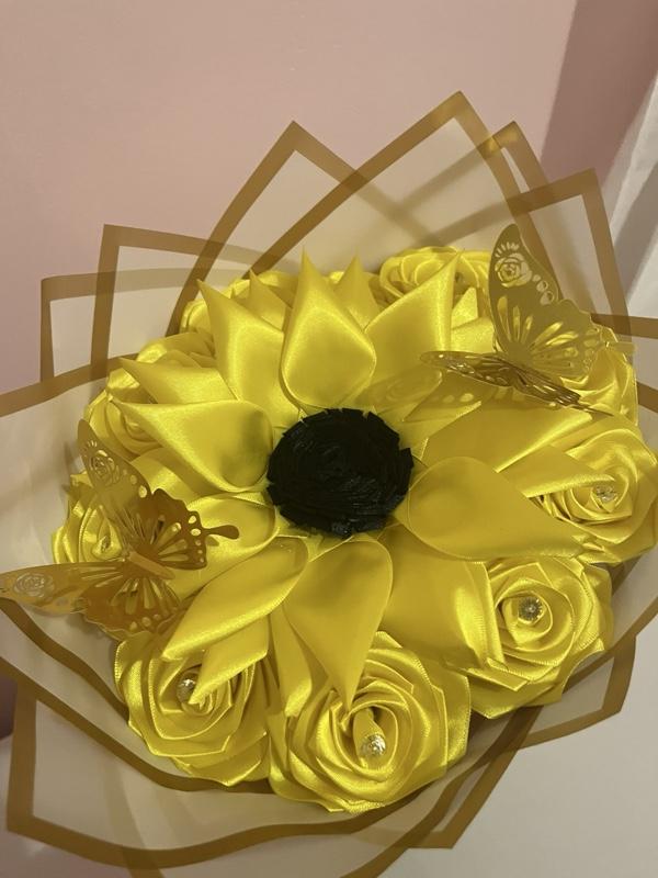 Sunflower and Yellow Rose Eternity Bouquet with Gold Butterflies and Black Center