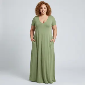 2026Women's Casual V-Neck Maxi Dress Plus Size S-5XL Short Sleeve Solid Color Summer Sundress Loose Fit Long Dress with Pockets for Valentine's Day Date Casual